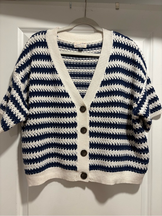 Universal Thread Sweaters - Universal Thread Navy & White Striped Open-Weave Button Cardigan